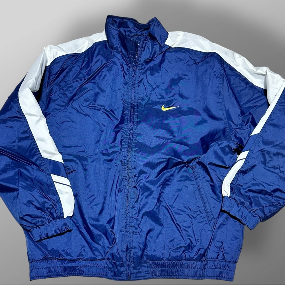 Nike Kids Blue White Windbreaker Jacket Size 16-18 Yellow Swoosh Broken Zipper